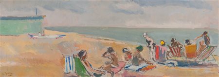 UMBERTO SGARZI (Bologna 1921 - 2017). “Spiaggia”, 1965. Olio su tavola. Cm...