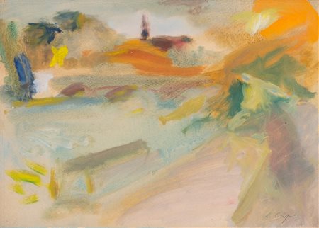 CARLO CRISPINI (Pontelagoscuro 1902 - Bologna 1982). “Paesaggio”. Olio e...