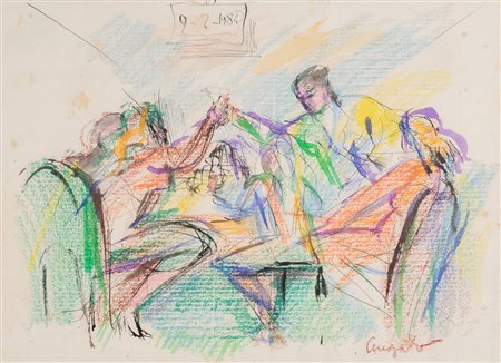 LORENZO CEREGATO (Lonigo 1933). “Brindisi”, 1984. Tecnica mista su carta. Cm...