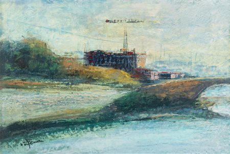 VITO FERRARI (Venezia 1919 - 2006). “Periferia”, 1972. Olio su faesite. Cm...