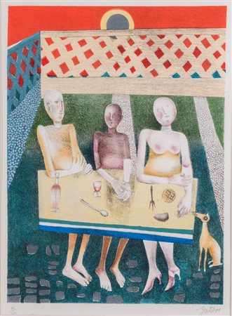 FRANCO GENTILINI (Faenza 1909 – Roma 1981). “Figure al tavolo con cagnolino”....