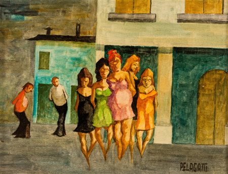 ALBERTO PELAGATTI (San Giorgio di Piano 1927). “Donne in paese”. Olio su cartone...