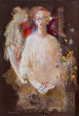 ANGELO TASSI (Bologna 1937). “La vestizione”, 1974. Olio su cartone. Cm...