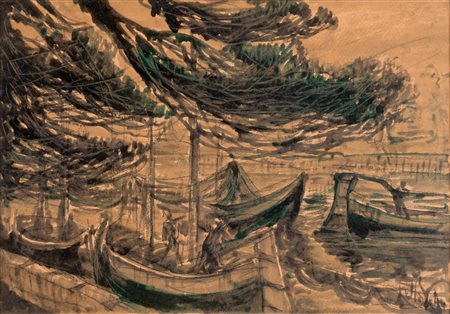 TOMMASO DALLA VOLPE (Imola 1883 - 1967) “Barche”. Acquerello su cartoncino....