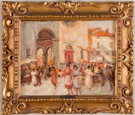 PITTORE ANONIMO del XX sec. “Piazza con mercato” Olio su tela applicata su...
