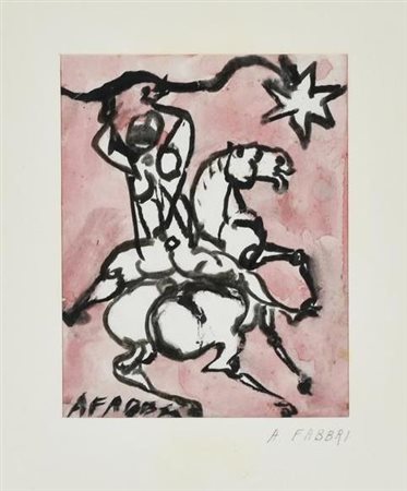 Agenore Fabbri CAVALIERE acquarello su carta, cm 13,5x10,5 sul fronte: firma