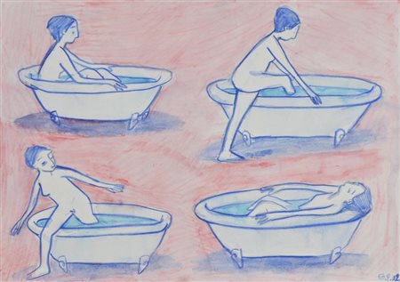 Giacomo Piussi FIGURE FEMMINILI E VASCA DA BAGNO acquerello e matita su...