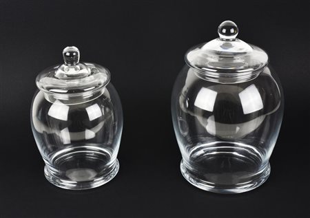 COPPIA DI CONTENITORI IN VETRO CON COPERCHIO h cm 24 e 28