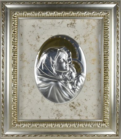 MADONNA CON BAMBINO bassorilievo in metallo argentato sbalzato e di forma...