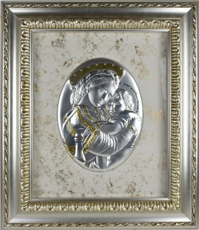 MADONNA CON BAMBINO bassorilievo in metallo argentato sbalzato e di forma...