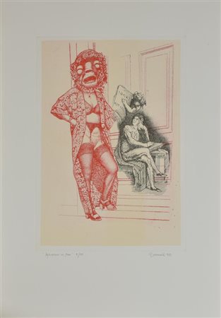 Giuseppe Guerreschi APHORISMA ON MAN incisione su carta, foglio cm 78,5x53,...