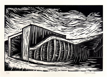 Stefania Rinaldi EDIFICIO FUTURISTA xilografia su carta, cm 20x29,5, su...