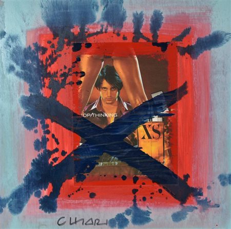 Giuseppe Chiari TOP THINKING tecnica mista e collage su tavola, cm 62x62...