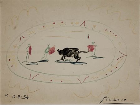 Pablo Picasso - Senza titolo - 1954 pastelli grassi su carta cm. 23x30 Firma...
