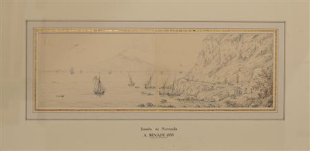 Antonio Senape VEDUTA DI SORRENTO china su carta, cm 17x50 sul passpartout:...