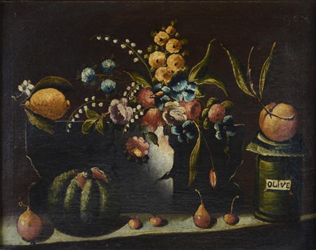 Scuola del XVIII secolo NATURA MORTA CON OLIVE olio su tela, cm 47x60