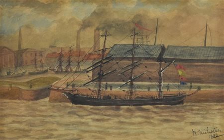 Ignoto VELIERO ATTRACCATO guache e tempera su carta, cm 15x24 firma e data...