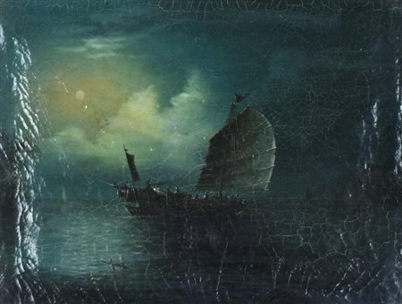 Scuola del XIX secolo NOTTURNO CON GIUNCA olio su tela, cm 23x30 diffuso...
