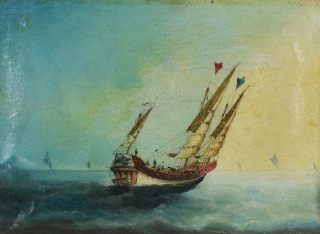 Scuola del XIX secolo MARINA CON GIUNCHE olio su tela, cm 23x30 diffuso...