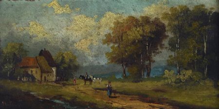 Scuola del XIX secolo STRADA DI CAMPAGNA olio su tavoletta, cm 12x22,5 firma...
