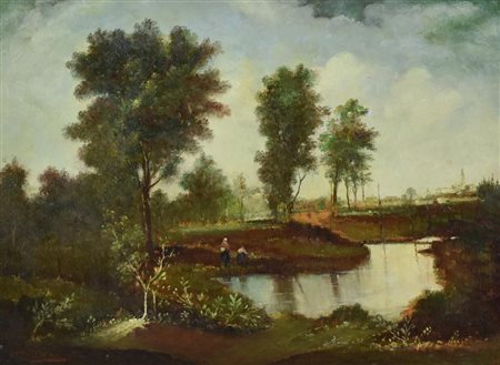 Scuola toscana del XIX secolo VEDUTA DELL'ARNO olio su tela, cm 17x34,5...