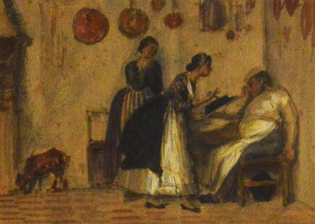 a firma Eugenio De Blaas SCENA DI INTERNO acquerello su carta, cm 10x15 sul...