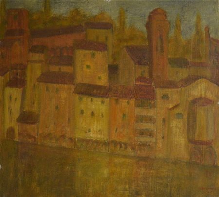 Enrico Bordoni CASE SULL'ARNO olio su tela, cm 45,5x50,5 firma e data sul...