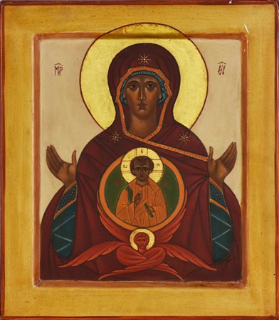 Scuola del XX secolo ICONA, raffigurante madonna con bambino e cherubino olio...