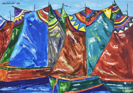 Antonello BARCHE A VELA olio su cartone, cm 23x32 firma e data eseguito nel 1983