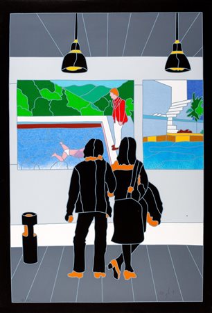 Ugo Nespolo (Mosso 1941)  - Al museo - Omaggio a Hockney