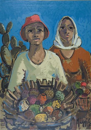 MAGGI GIAMPIETRO (n. 1934) Coppia di contadini. Serigrafia su tela. Cm 50x70.