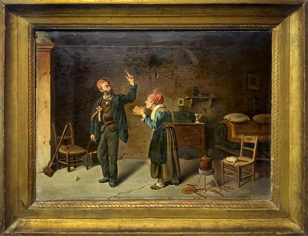 Pittore italiano della fine del XIX secolo. Personaggi in un interno. 40x52,...