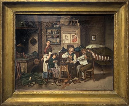 Pittore italiano della fine XIX secolo. 4 Personaggi in un interno. 40x52,...
