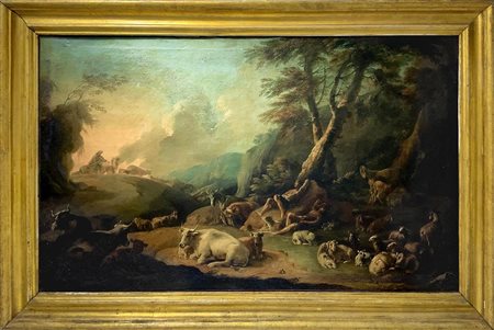Pittore italiano del XVII secolo, ambito Romano. Paesaggio con pastori....
