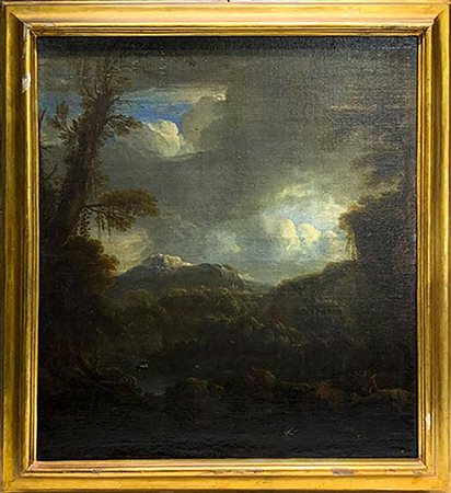 Pittore italiano del XVII secolo. Paesaggio al tramonto. 97,5X87, olio su tela.