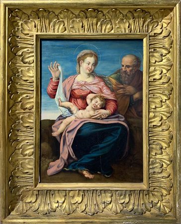 Maerten De Vos (Anversa 1532- Anversa 1603).Sacra Famiglia. 34x25, olio su...