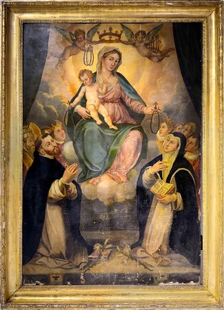 Pittore italiano del XVI-XVII secolo. Madonna del Rosario con Bambino e...
