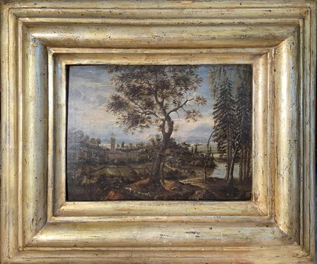 Pittore olandese della fine del XVII Secolo. Paesaggio con fiume. 29x40, olio...