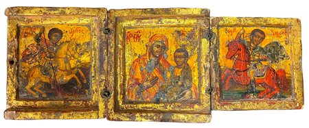 Icona ortodossa da viaggio. XVI/XVII secolo. Trittico, raffigurazioni a...