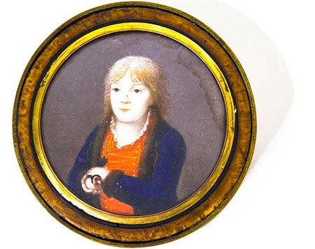 Tabacchiera in radica di ulivo, interno in tartaruga con miniatura...