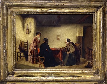 Pittore olandese del XIX secolo. Scena di genere in un interno. 33,5x43,5,...