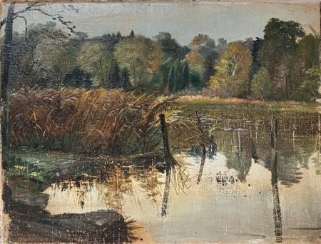 Pittore della fine del XIX secolo. Paesaggio lacustre. 40x50, olio su tela....