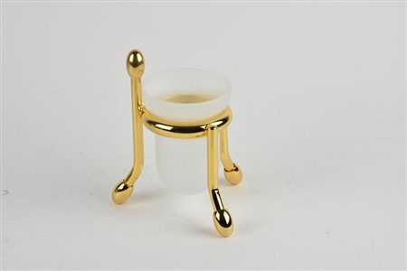 PORTA SPAZZOLINI in metallo dorato e vetro opaco h cm 16