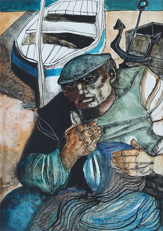 LUCIO RANUCCI Perledo (Co) 1924 Dopo la pesca, 1985 acrilico su carta...