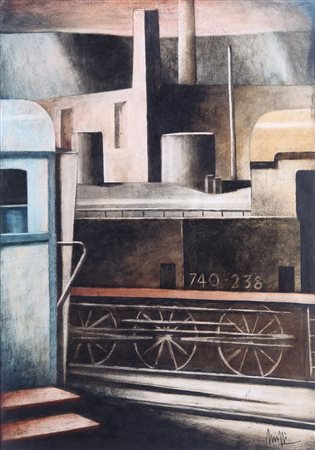 MARCELLO SCUFFI Tizzana (Pt) 1948 Vecchi treni olio su tela cm. 50x35, firma...