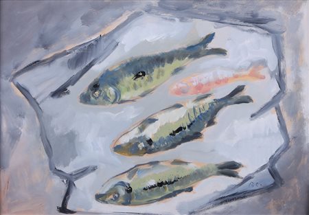 BRUNO CALVANI Mola di Bari 1904 - Milano 1986 Pesci tempera su carta cm....