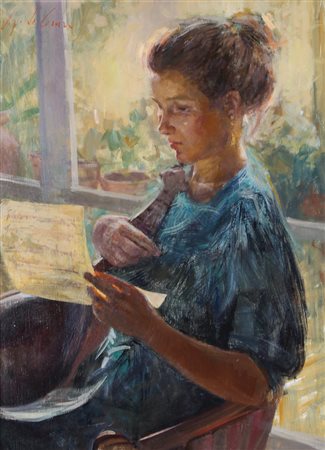 UGO DE CESARE Napoli 1950 La lettura olio su tela cm. 70x50, firma in alto a...