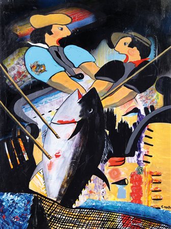 GIANNI MATTÒ Favignana (Tp) Mattanza olio su masonite cm. 80x60, firma in...