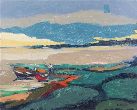 NICOLAE SPIRESCU Bucarest 1921 Sera sul delta olio su tela cm. 65x82, firma...