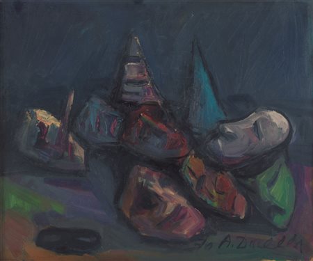 ALDO DORELLA Milano 1925 Maschere olio su tela cm. 50x60, firma in basso a...